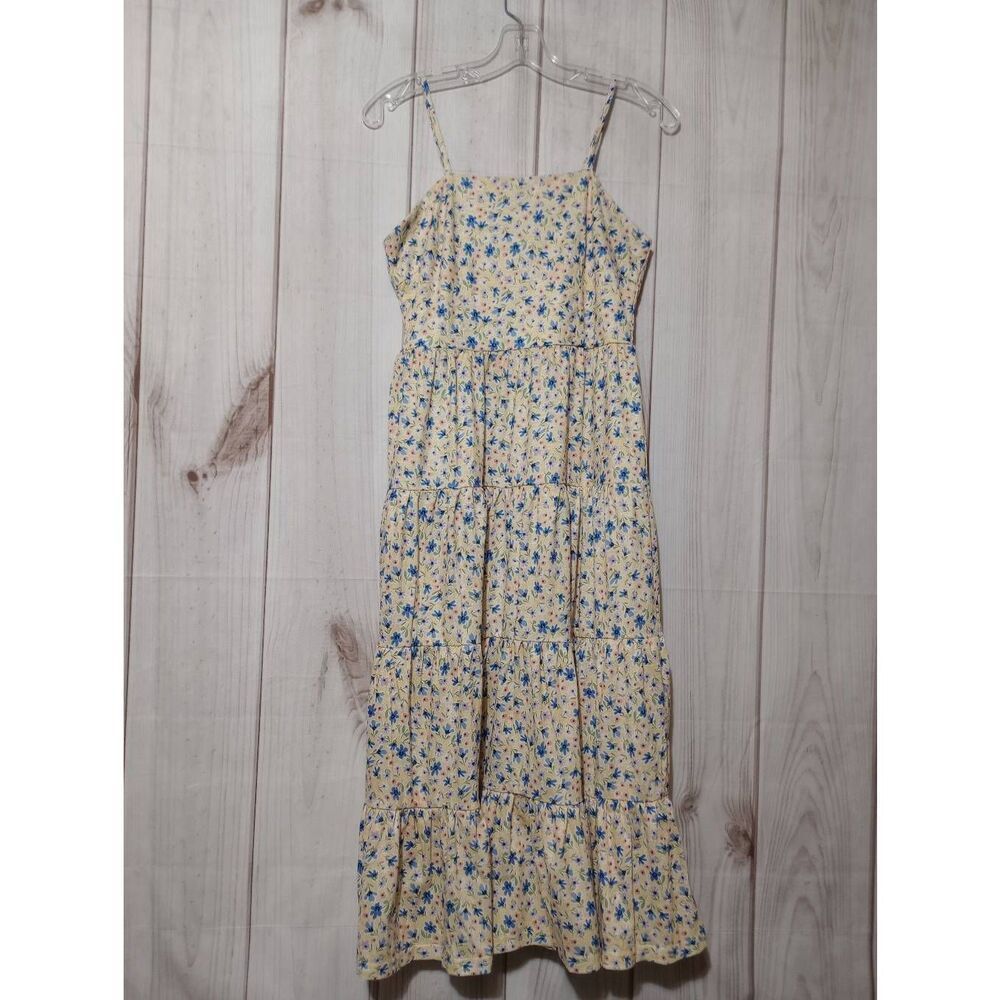 Lyrur Dress Ladies‎ Small Yellow Blue Floral Spaghetti Strap Midi Cottage Core
